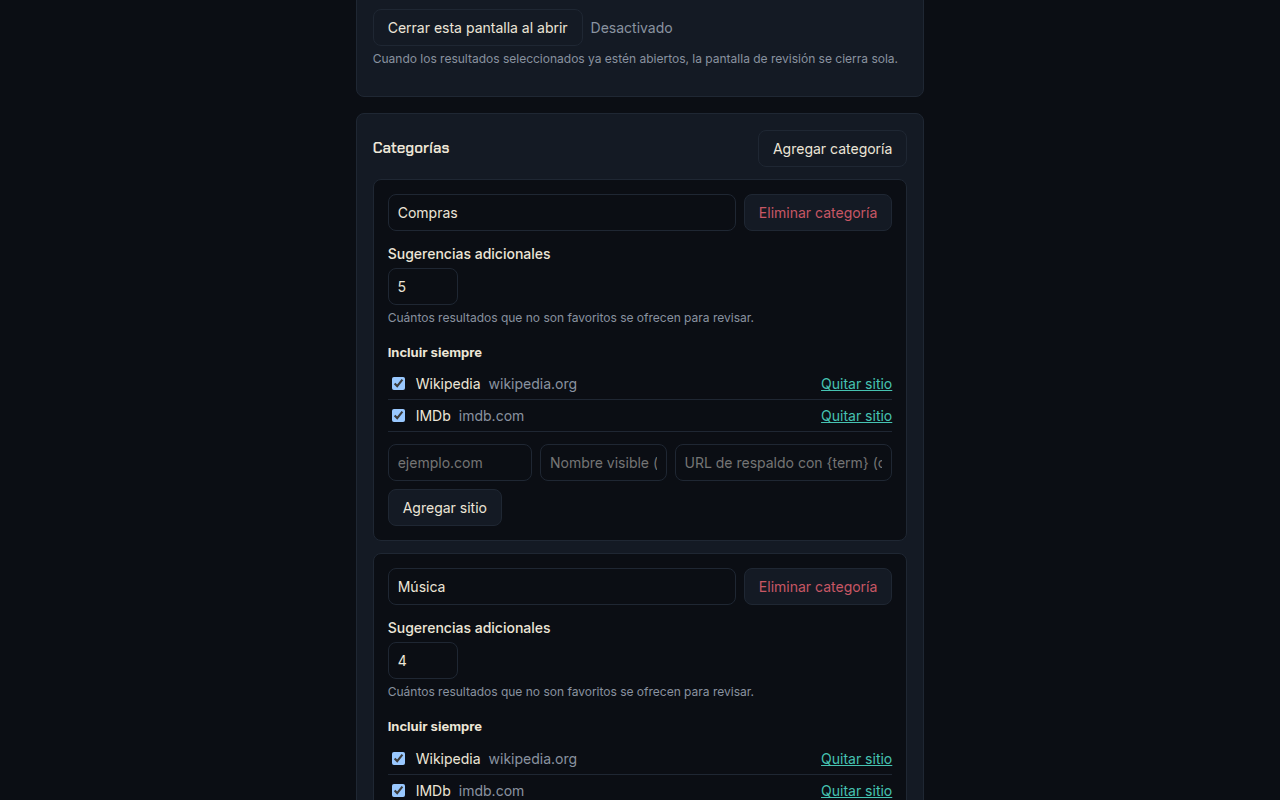 La configuración de una categoría con sus sitios fijos