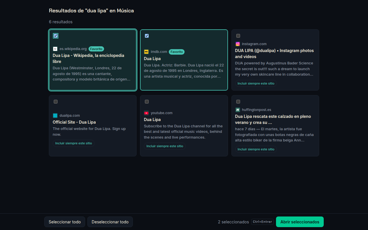 Todos los resultados en una pantalla, con los sitios favoritos arriba y ya marcados